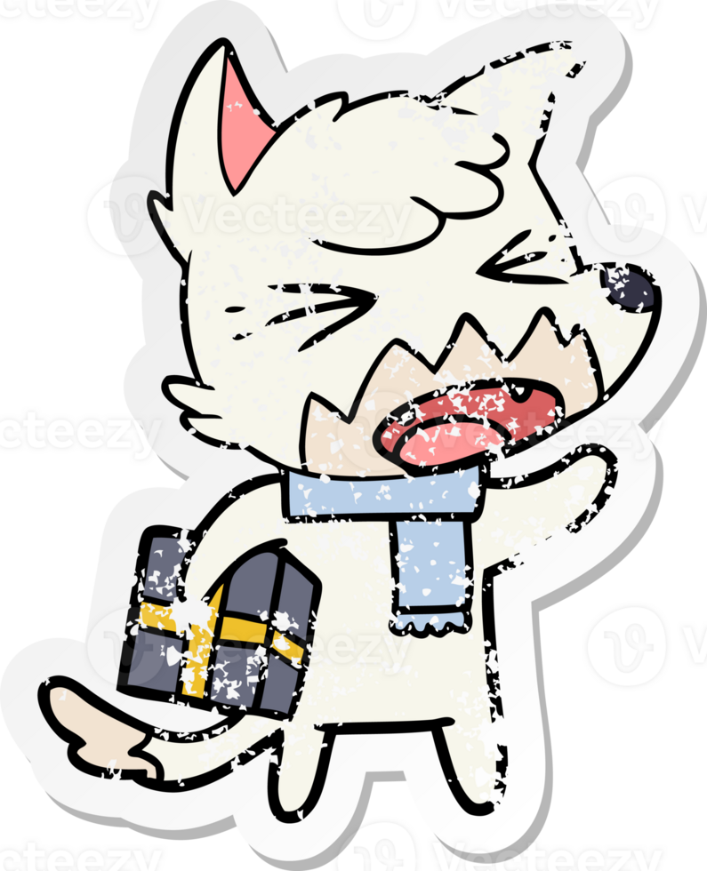 distressed sticker of a angry cartoon fox with gift png