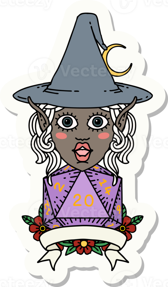 elf mage character with natural twenty dice roll sticker png