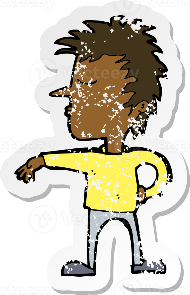 retro distressed sticker of a cartoon man making camp gesture png