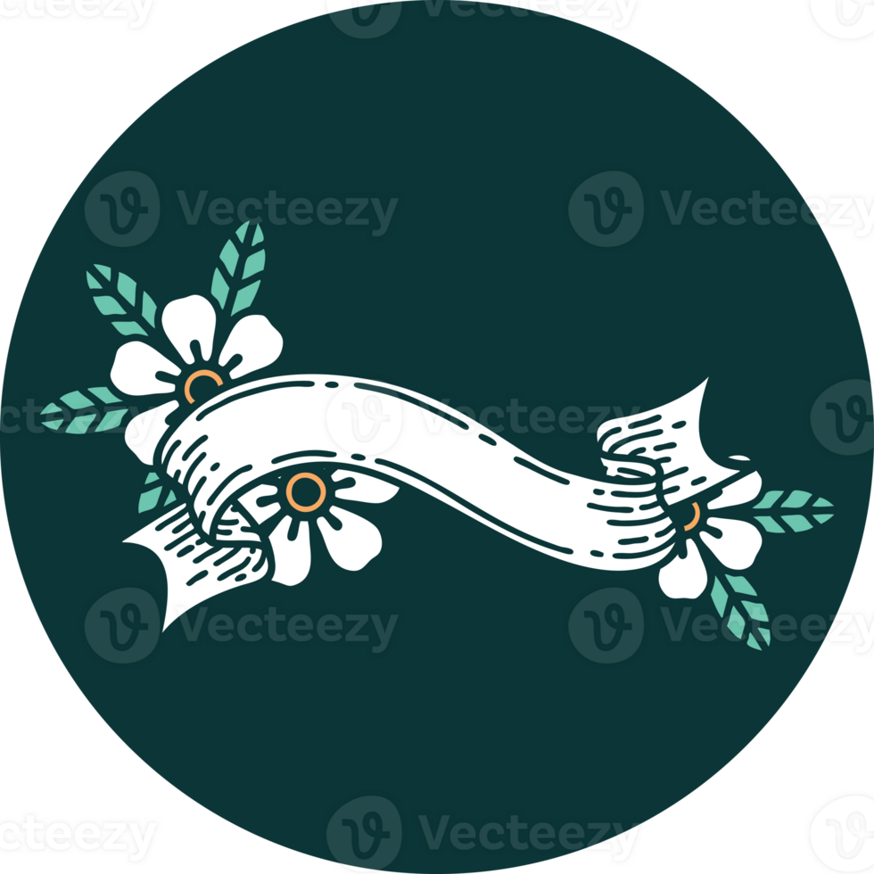 tattoo style icon of a banner and flowers png