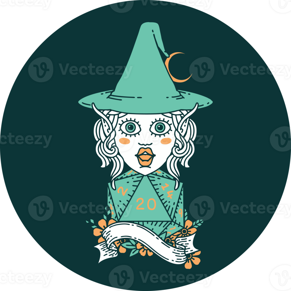 elf mage character with natural twenty dice roll icon png