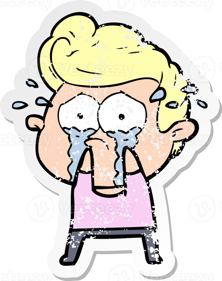 distressed sticker of a cartoon crying man png