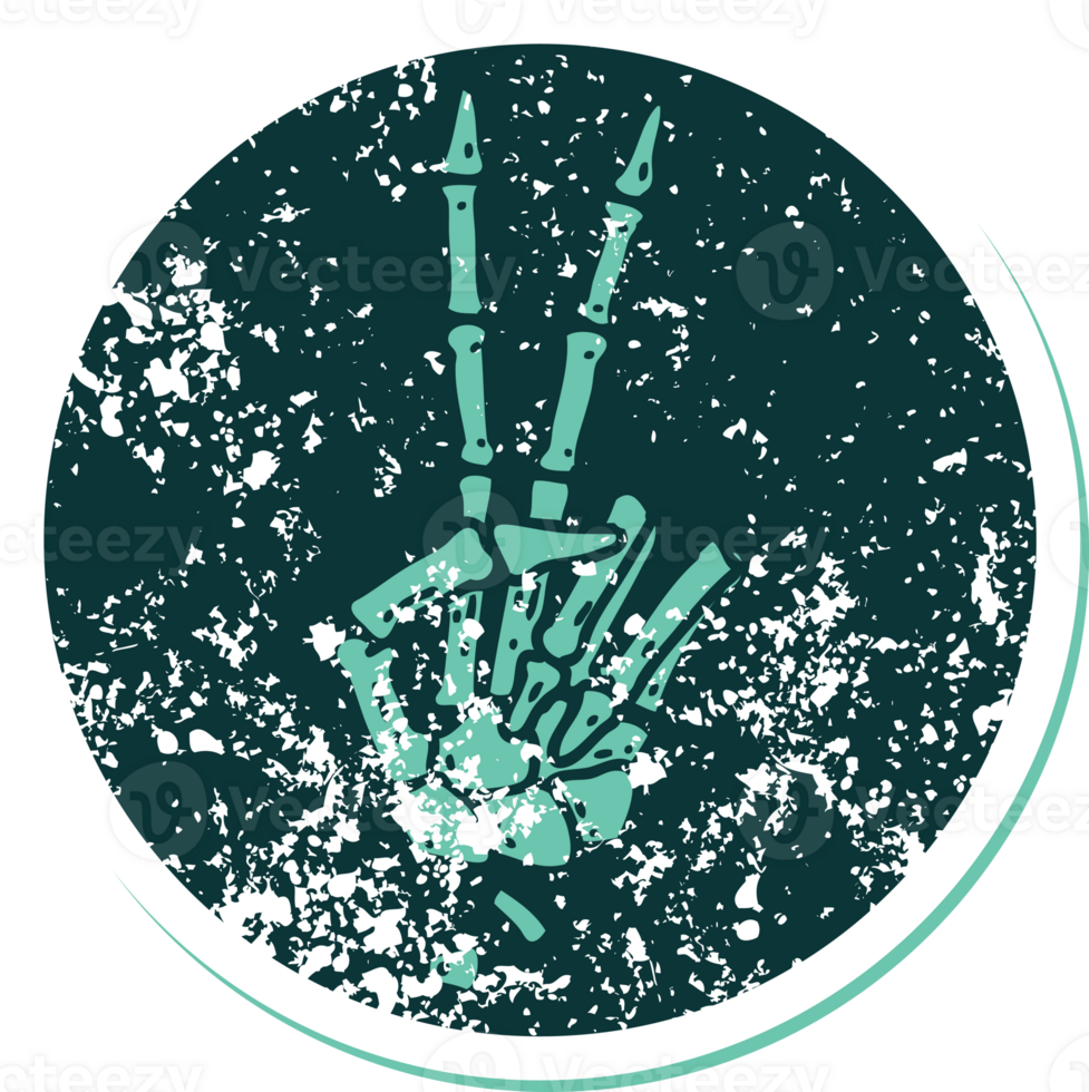 distressed sticker tattoo style icon of a skeleton hand giving a peace sign png