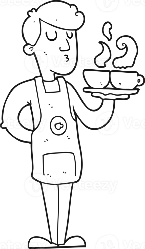 black and white cartoon barista serving coffee png