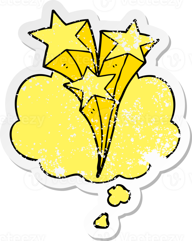 cartoon shooting stars and thought bubble as a distressed worn sticker png