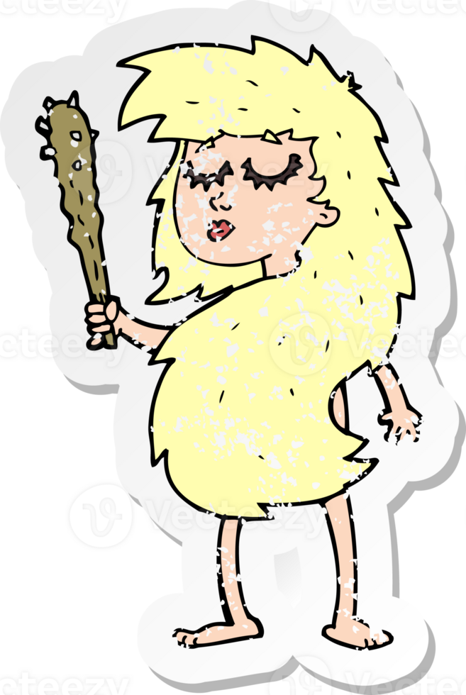 retro distressed sticker of a cartoon cave woman png