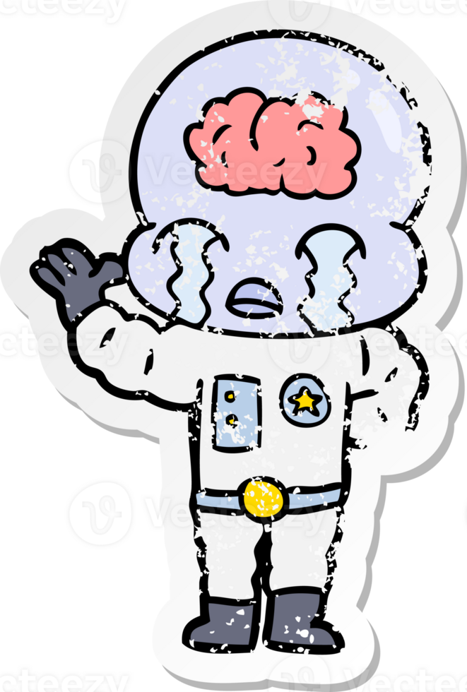 distressed sticker of a cartoon big brain alien crying png