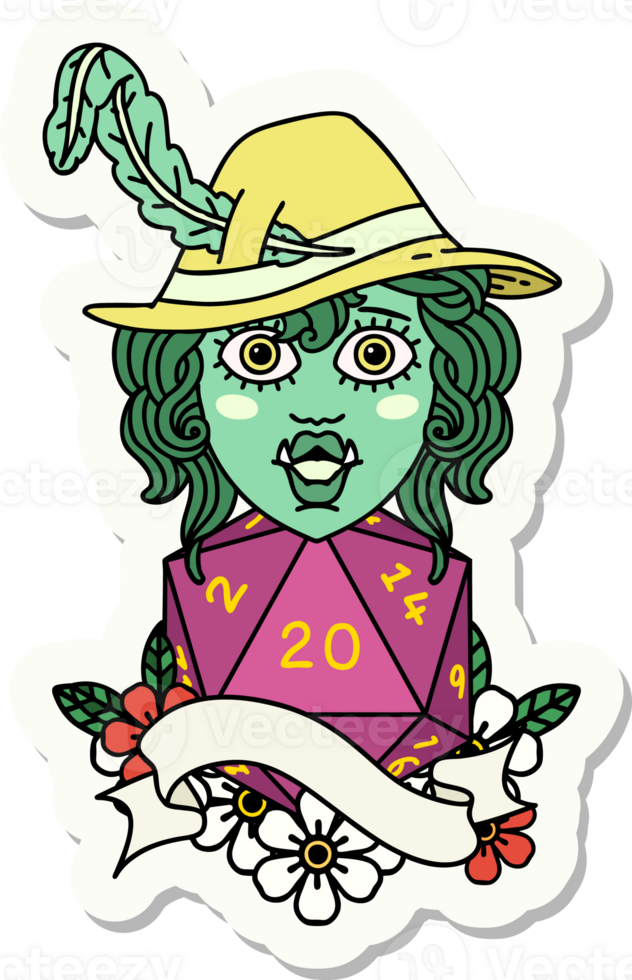 singing half orc bard character with natural twenty dice roll sticker png