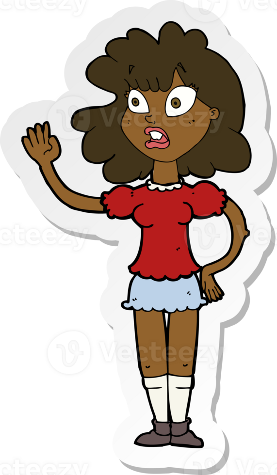 sticker of a cartoon worried woman waving png