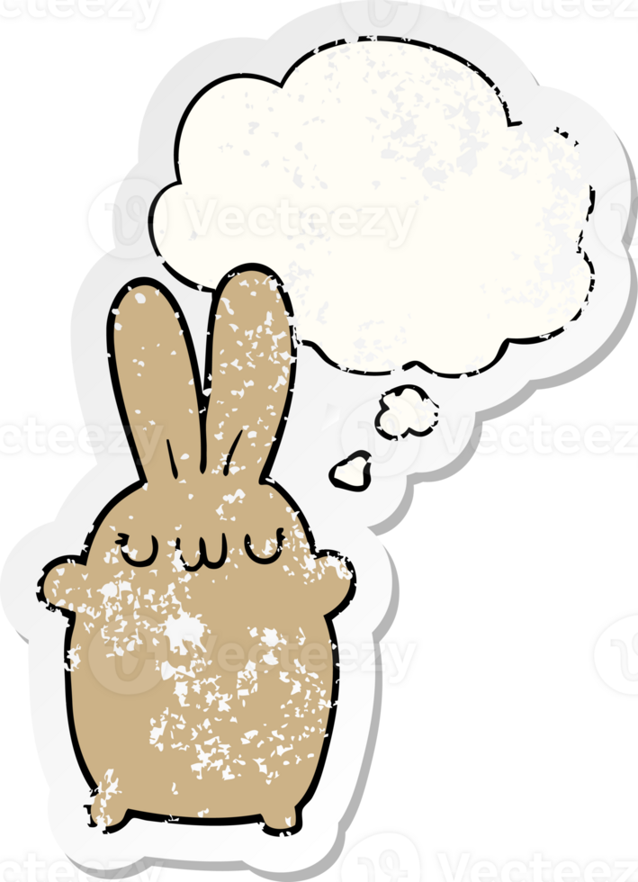 cartoon rabbit and thought bubble as a distressed worn sticker png