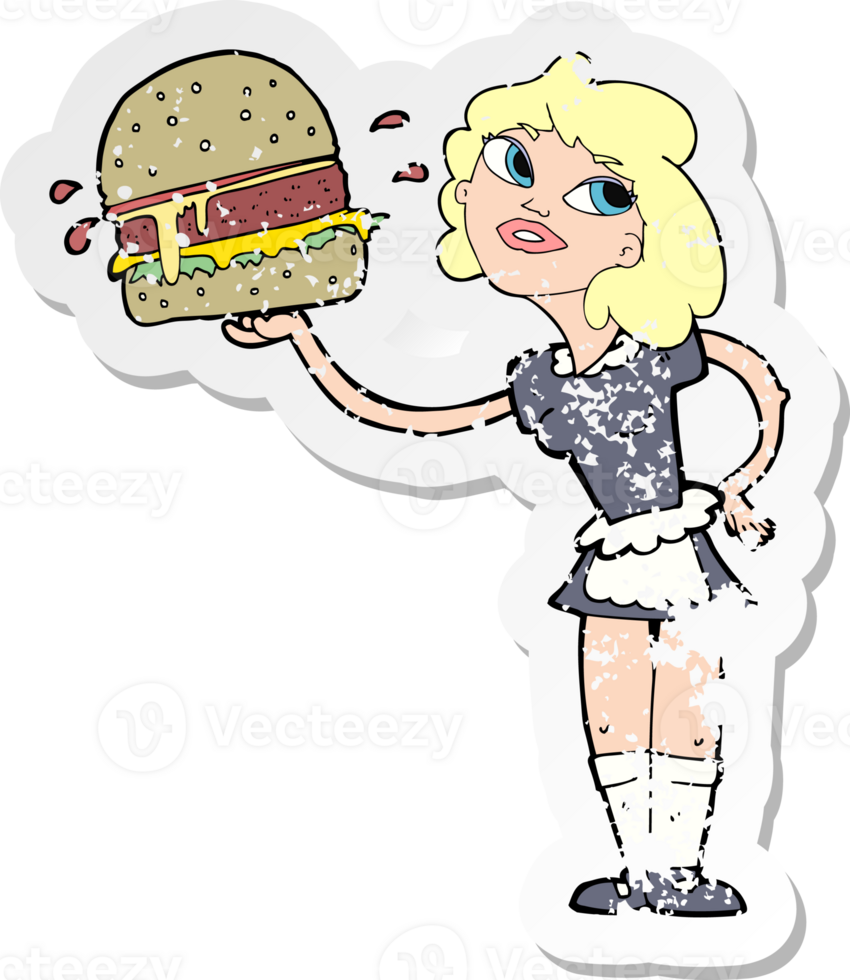 retro distressed sticker of a cartoon waitress serving burger png