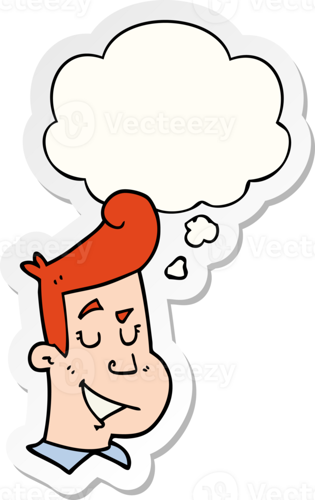 cartoon happy man and thought bubble as a printed sticker png