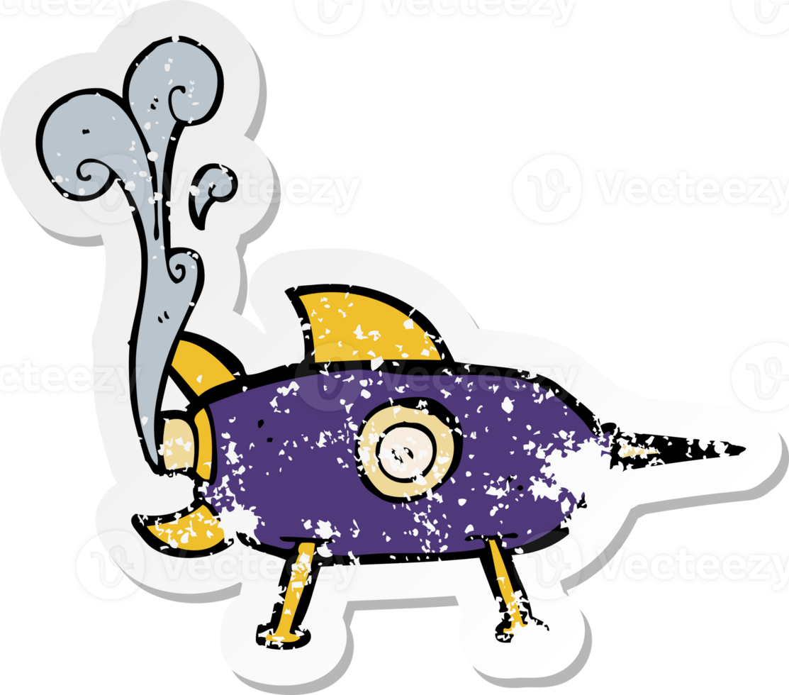 retro distressed sticker of a cartooon space rocket png