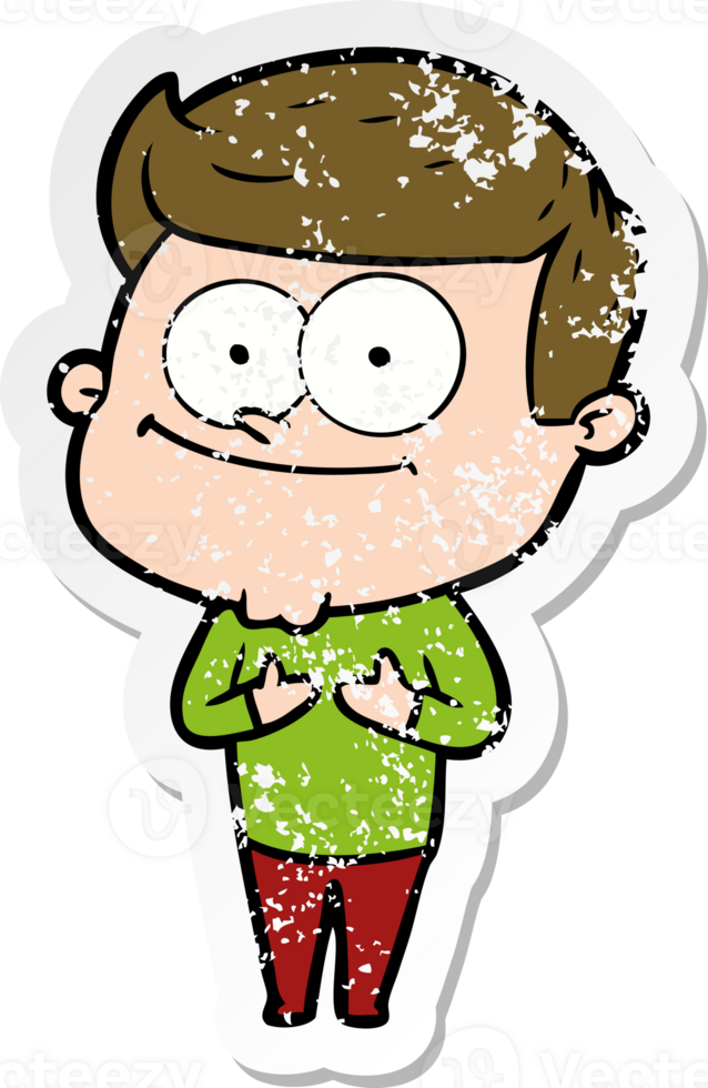 distressed sticker of a cartoon smiling man png