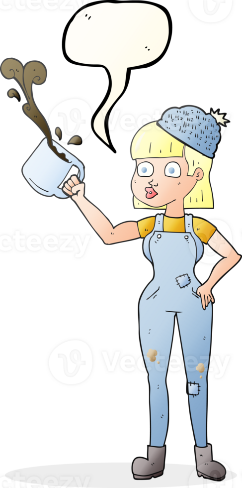 speech bubble cartoon female worker with coffee mug png