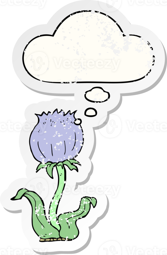 cartoon wilde bloem en gedachte bel als een versleten versleten sticker png