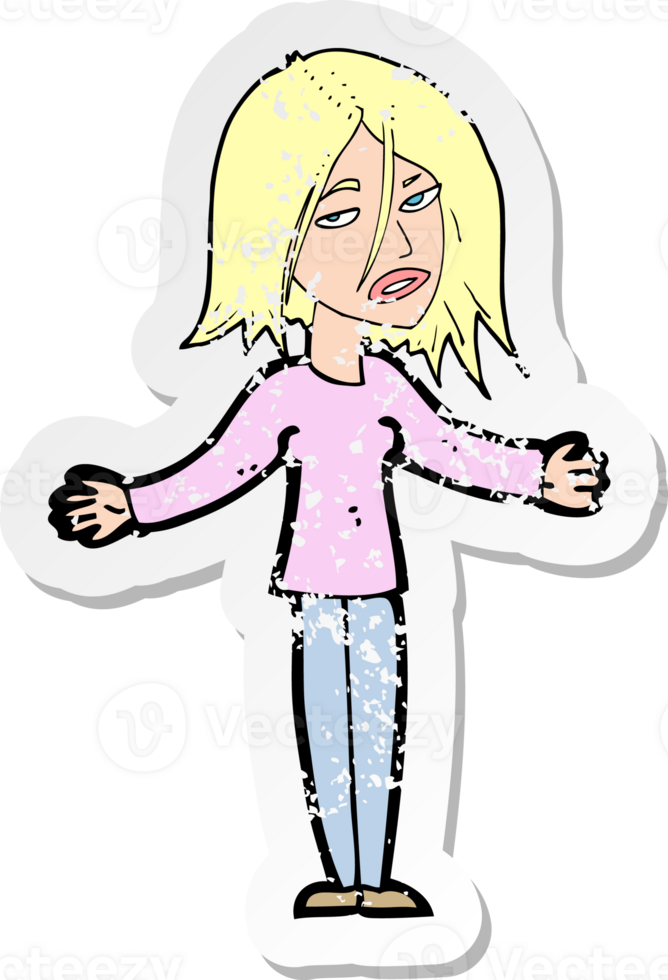 retro distressed sticker of a cartoon woman shrugging shoulders png