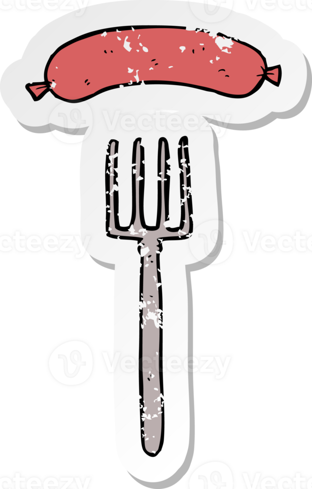 retro distressed sticker of a cartoon fork and sausage png