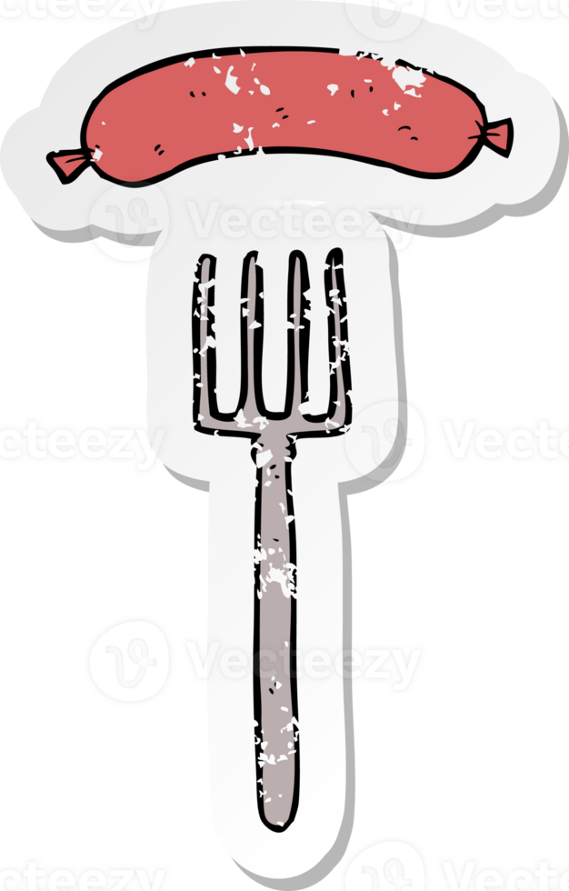 retro nödställda klistermärke av en tecknad gaffel och korv png
