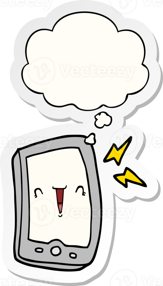 cute cartoon mobile phone and thought bubble as a printed sticker png