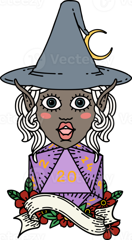 elf mage character with natural twenty dice roll illustration png
