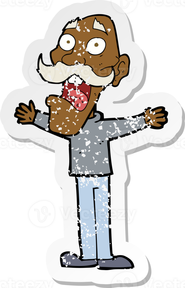 retro distressed sticker of a cartoon stressed old man png