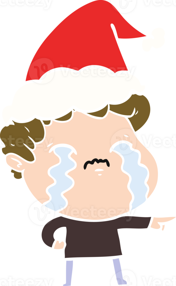flat color illustration of a man crying wearing santa hat png