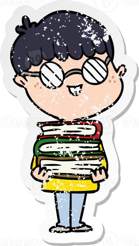 distressed sticker of a cartoon nerd boy with spectacles and book png