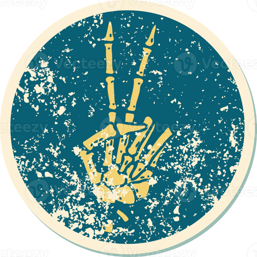 distressed sticker tattoo style icon of a skeleton hand giving a peace sign png