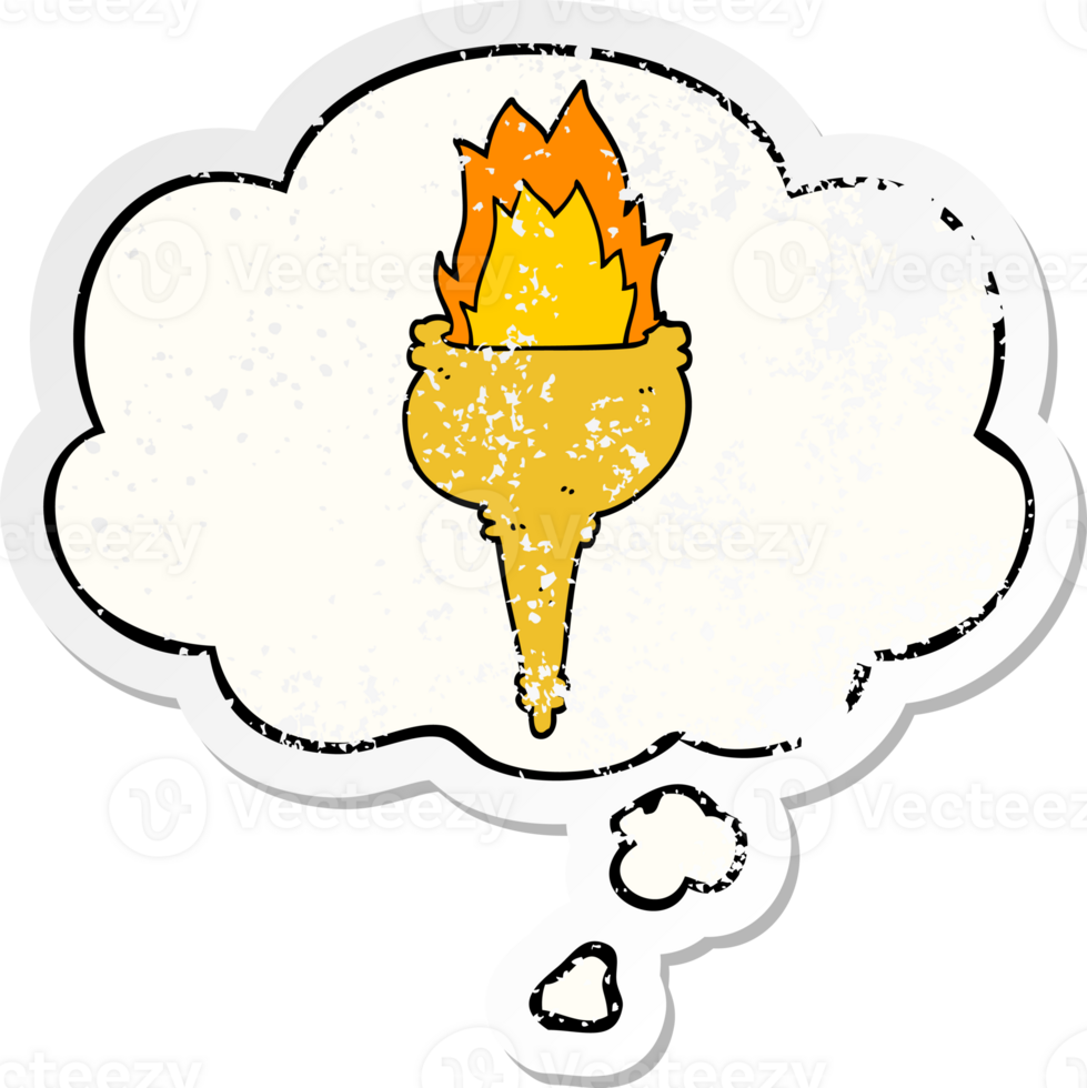 cartoon flaming torch and thought bubble as a distressed worn sticker png