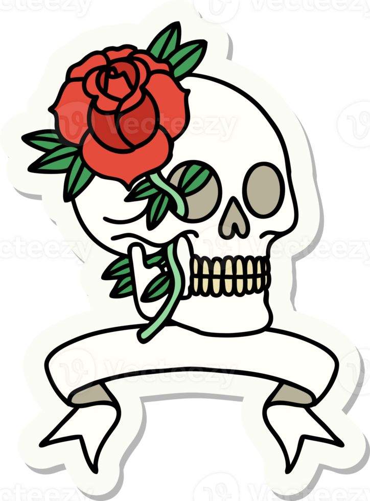 tattoo sticker with banner of a skull and rose png