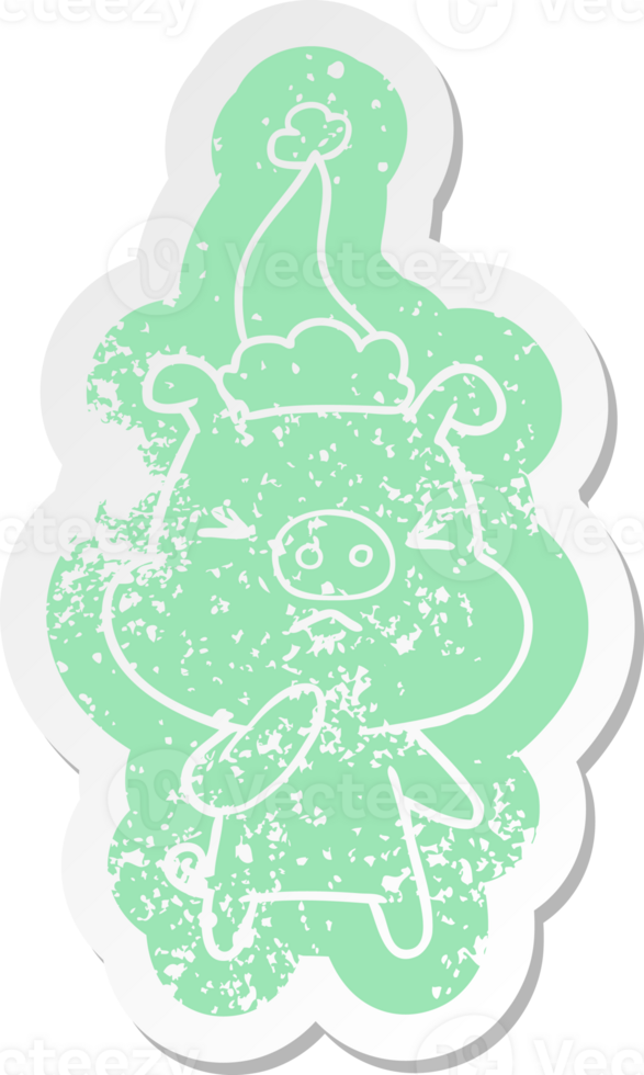 cartoon distressed sticker of a angry pig wearing santa hat png