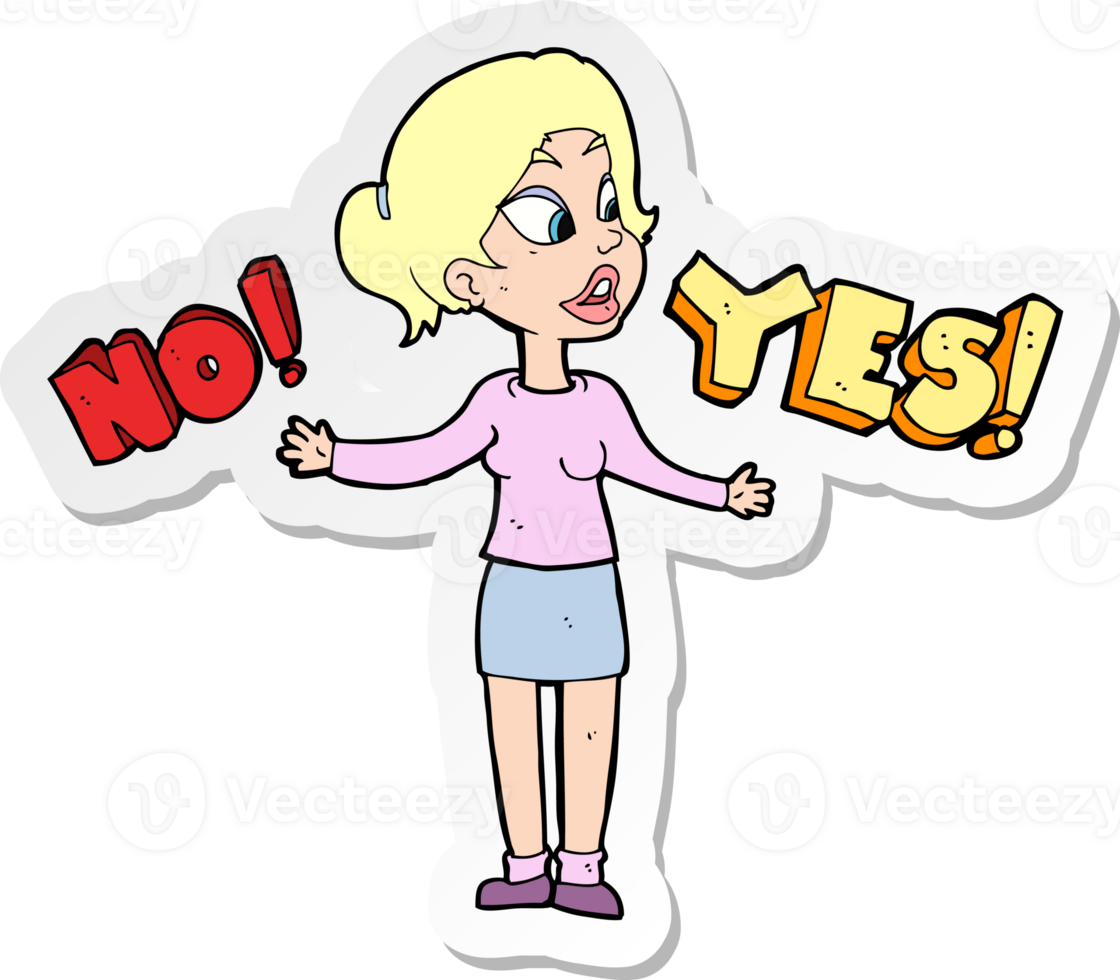sticker of a cartoon woman making choice png