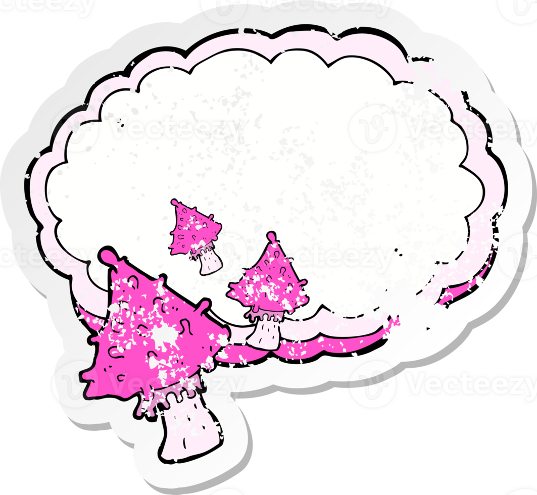 retro distressed sticker of a cartoon mushrooms space text cloud png