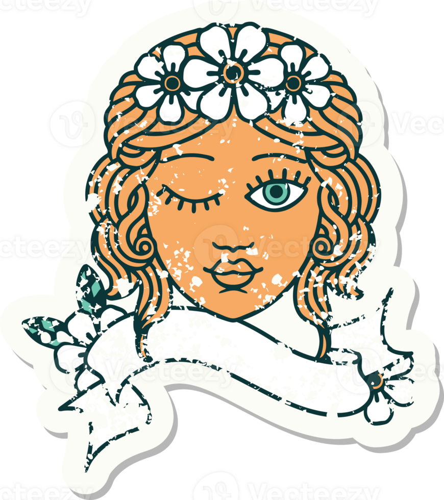 grunge sticker with banner of a maidens face winking png