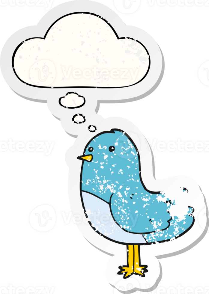 cartoon bird and thought bubble as a distressed worn sticker png