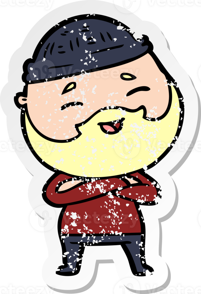 distressed sticker of a cartoon happy bearded man png