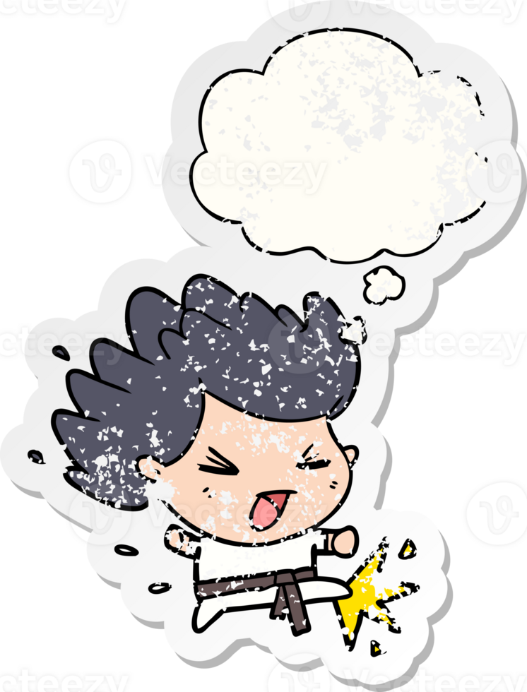 cartoon kicking karate champ and thought bubble as a distressed worn sticker png