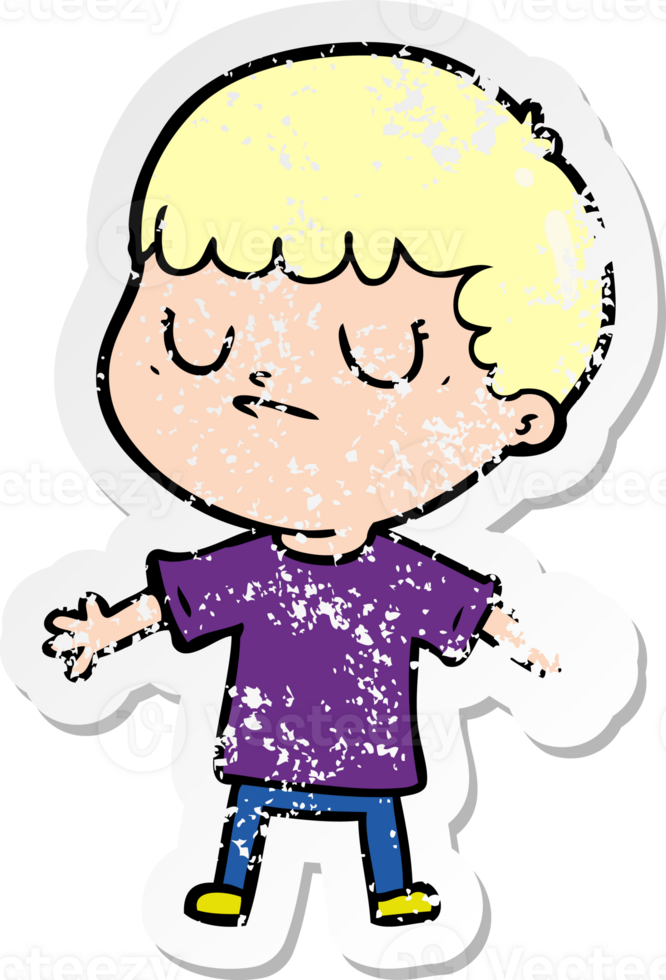 distressed sticker of a cartoon grumpy boy png