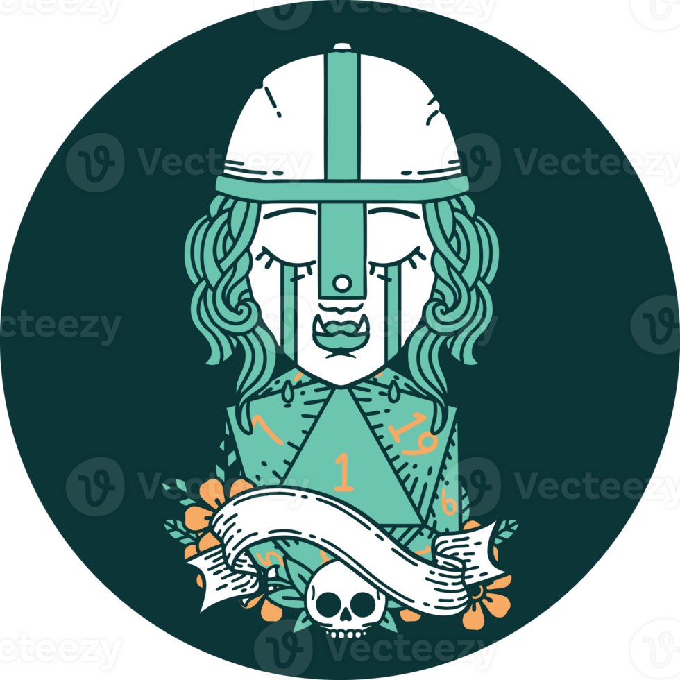 crying orc fighter character face with natural one D20 roll icon png