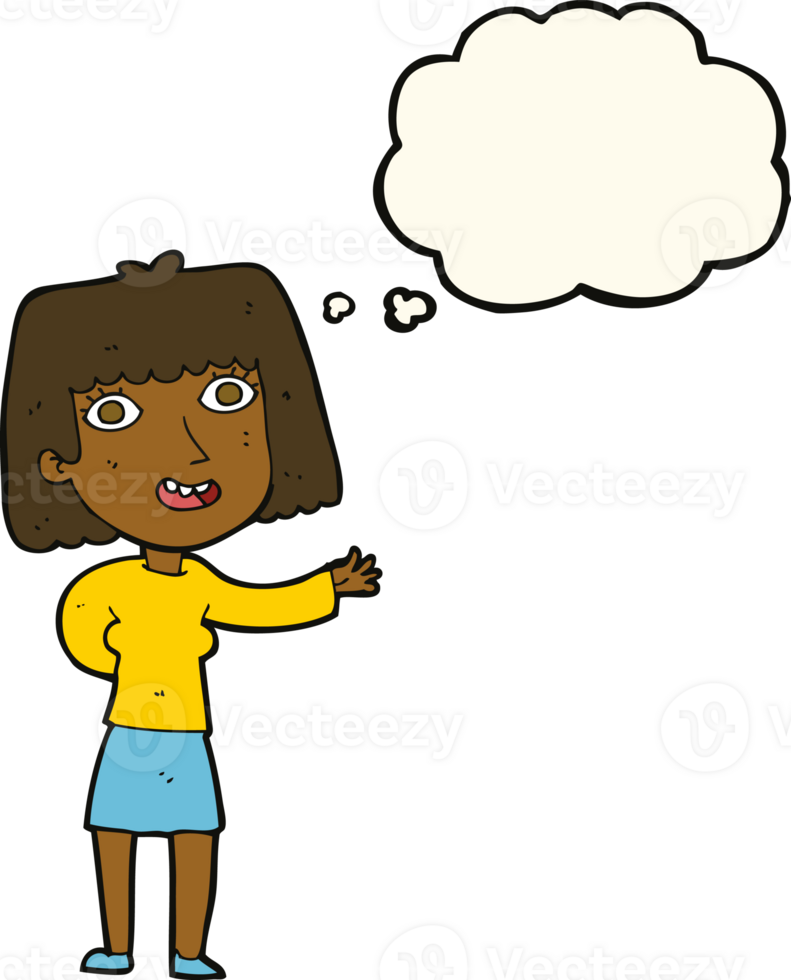 cartoon friendly woman waving with thought bubble png