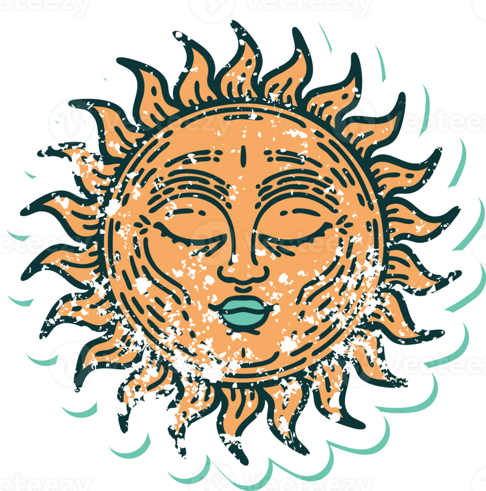 distressed sticker tattoo style icon of a sun png