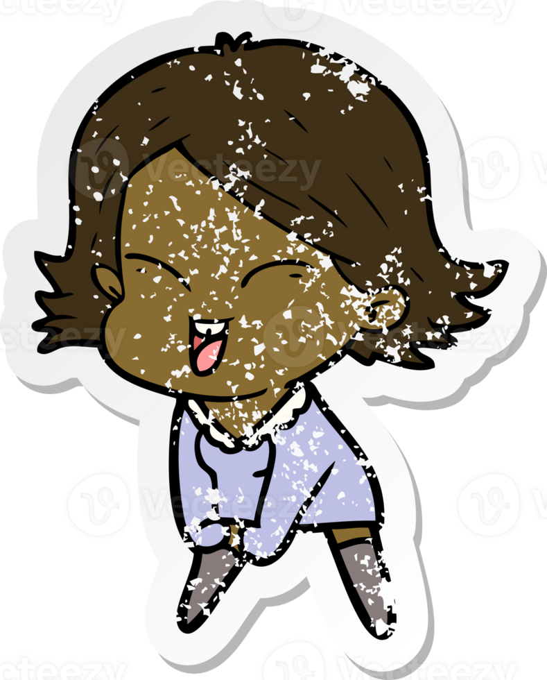 distressed sticker of a happy cartoon girl png
