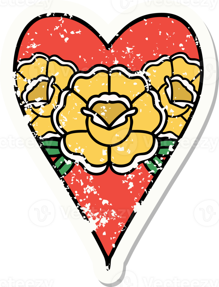 traditional distressed sticker tattoo of a heart and flowers png