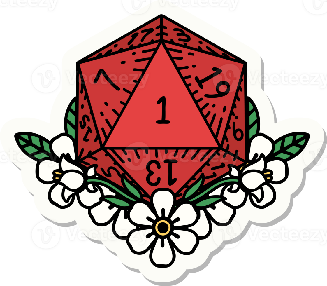 natural one dice roll with floral elements sticker png