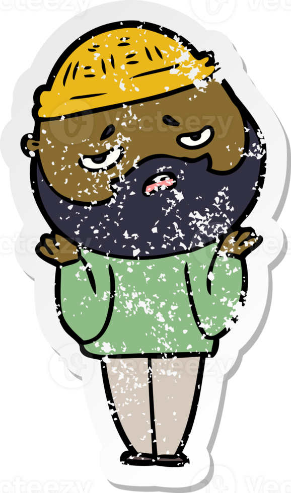 distressed sticker of a cartoon worried man with beard png