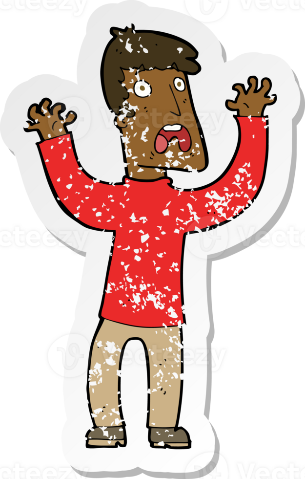 retro distressed sticker of a cartoon frightened man png