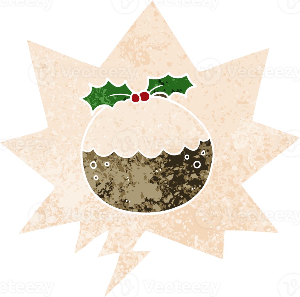 cartoon christmas pudding and speech bubble in retro textured style png