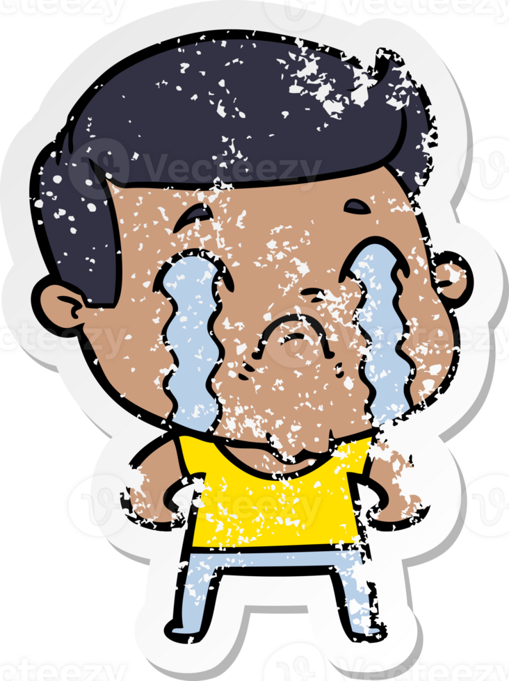 distressed sticker of a cartoon man crying png