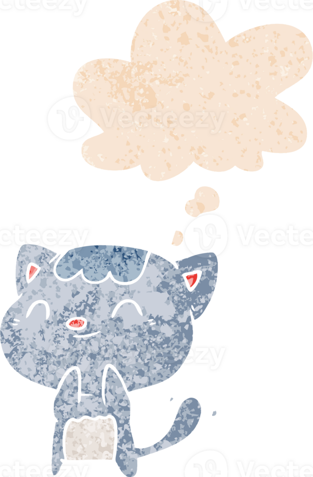 cartoon happy cat and thought bubble in retro textured style png